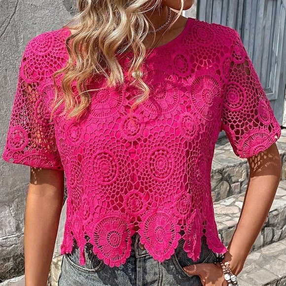 Pink Womens Hollow Out Scallop Trim Guipure Lace Blouse - Picture 2 of 6